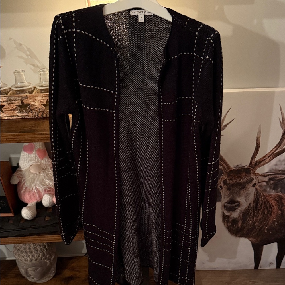 Notations Black and White Open-Front Cardigan